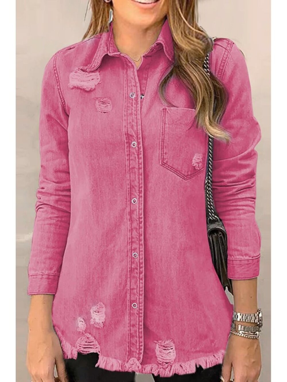 Women's Oversized Denim Jacket Long Sleeve Denim Shirts Jean Jacket A1 Rose - Picture 3 of 4